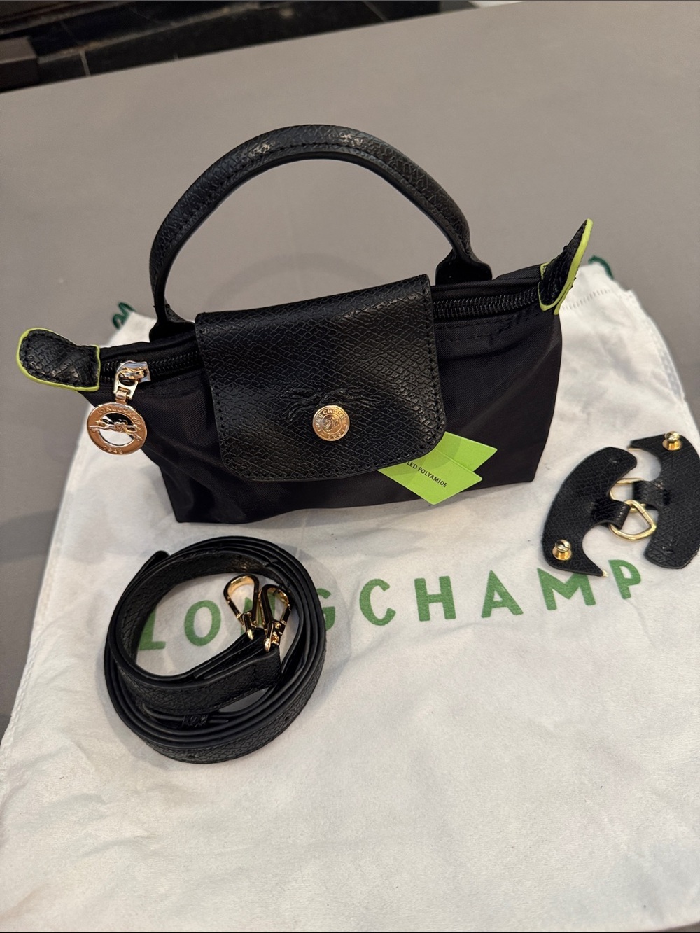 Longchamp Black Nylon Mini Handbag with Gold Accents